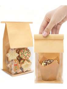 50pcs Cookie Bags With Window And Tin Clasp Closure, Suitable For Muffins, Snacks, Brownies, Candies, Oatmeal - Brown - View 1