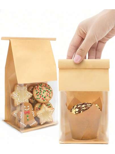 50pcs Cookie Bags With Window And Tin Clasp Closure, Suitable For Muffins, Snacks, Brownies, Candies, Oatmeal
