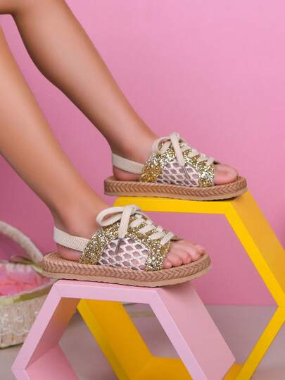 1 Pair Kids New Glitter Lace Hollow Embroidery Mesh Platform Sandals With Lace-Up Decoration, Adjustable For Feet, Thick Double-Layer EVA Sole, Lightweight, Suitable For Summer Outings, Vacations, Holidays For 2-15 Years Old Infants, Toddlers, And Students