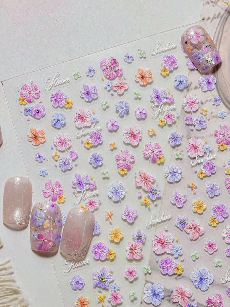 1片渐变粉紫色花朵浮雕向日葵5D梦幻浪漫美甲贴纸，自粘式美甲装饰配件，适合女性和女孩的美甲贴纸 - 彩色 - 查看 1