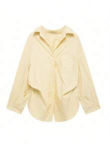 DEEKA 女士夏季宽松粘胶衬衫和条纹睡裤套装，春夏款 - 黃條紋 - 查看 3