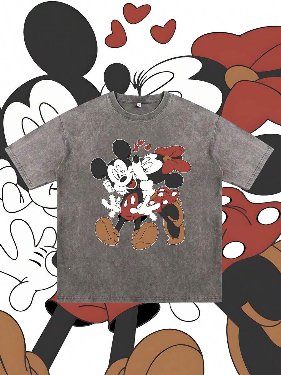 Disney Mickey And Minnie Mouse Pattern, Washed Pure Cotton Short-Sleeved Men's Summer T-Shirt, Distressed Effect, One-Piece Design, Pure Cotton Fabric, Comfortable And Breathable, Casual Outdoor Street Style, Crew Neck; A High-Quality Fashion Brand, It Is An Ideal Surprise Gift For Family And Friends. - 灰色 - 查看 1