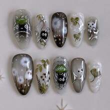 24Pcs Halloween Press On Nails Medium Fake Nails With 3D Silver  Design Black Cat Dandelion Cute Ghost Acrylic False Nails Ginkgo Leaf Y2K Full Cover Stick On Nails For Manicure DIY - Nhiều màu - Xem 6