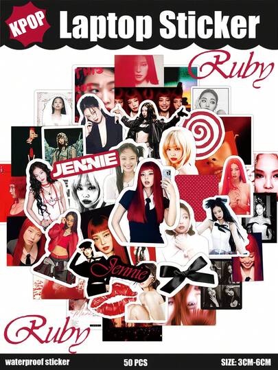 50张K-Pop贴纸，BP贴纸，K-POP贴纸，Jennie，Jennie Ruby，RUBY音乐，BLPK粉色流行音乐，人物涂鸦贴纸，可用于手账、水瓶、笔记本电脑、自行车、摩托车、文具、踏板车、家具、冰箱、手机、杯子、头盔、汽车等，是送给亲朋好友的绝佳礼物