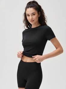 RRIVE 2-Pack Basic Soft Ribbed Baby Tee, Slim Fit T-Shirt Solid Crew Neck Short Sleeve Tops For Women, Stretchy Basic Tee For Yoga Workout Gym Athleisure Casual Daily Wear Summer Spring Outfits Vacation Outfits Women - 咖啡棕色和黑色 - 查看 6