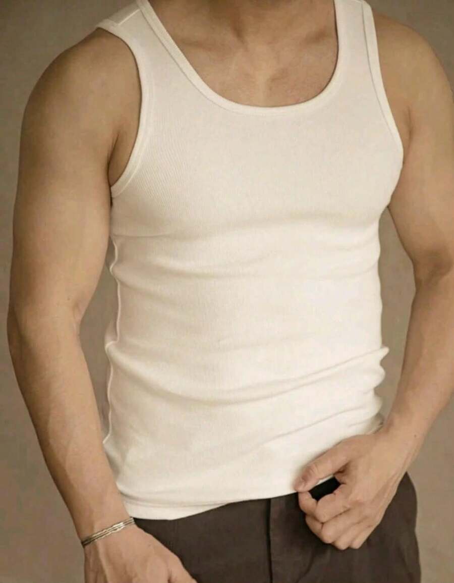 Men's Ribbed Tank Top, American Style, Simple Summer Gym Tank Top, Regular Fit, No Mesh. - 米白色 - 查看 1