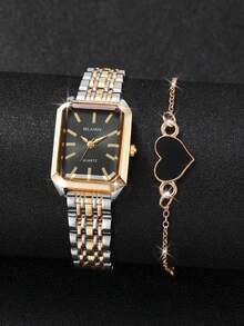 2pcs/Set Women's Gift Rectangular Minimalist Scale Dial Elegant Quartz Watch + Heart Charm Bracelet (Watch Box Not Included) - Multicolor - View 3