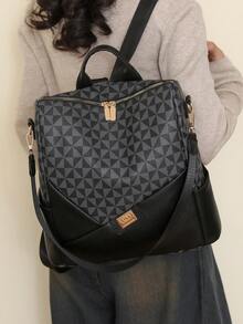 Women's Rhombus Pattern Large Capacity Backpack, Patchwork Commuter Bag, Student Backpack, Mommy Bag - Black - View 2