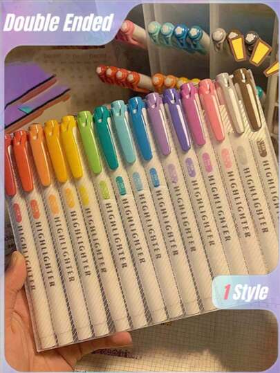 15支双头荧光荧光笔，柔和色彩荧光马克笔，粗细双头设计，17*14厘米，必备学习用品