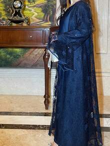 Plus Size Lace Abaya Set, Includes Slip Dress, 2 Pieces Set, Elegant & Dignified Abaya With Lace Trim - Navy Blue - View 4