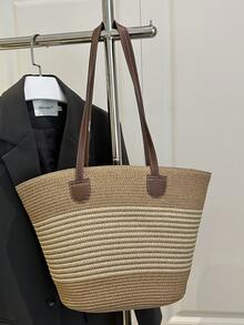 大容量度假沙滩包，女士编织手提包，时尚草编单肩包 - 米色 - 查看 8