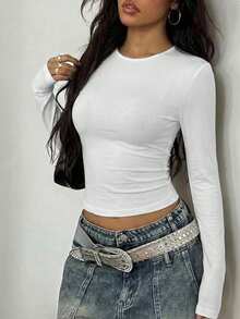 Áo thun trắng dài tay, cổ tròn, dáng ôm, kiểu dáng thường ngày năng động và đa năng, lớp áo trong cơ bản cho mùa thu và mùa đông. Mùa xuân. - trắng - Xem 3