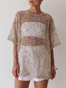 Women Sequin Sheer Short Sleeve Glitter T Shirt Sparkle See Through Crochet Cover Up Swimsuit Beach Shiny Mesh Blouse Top - 米色 - 查看 1