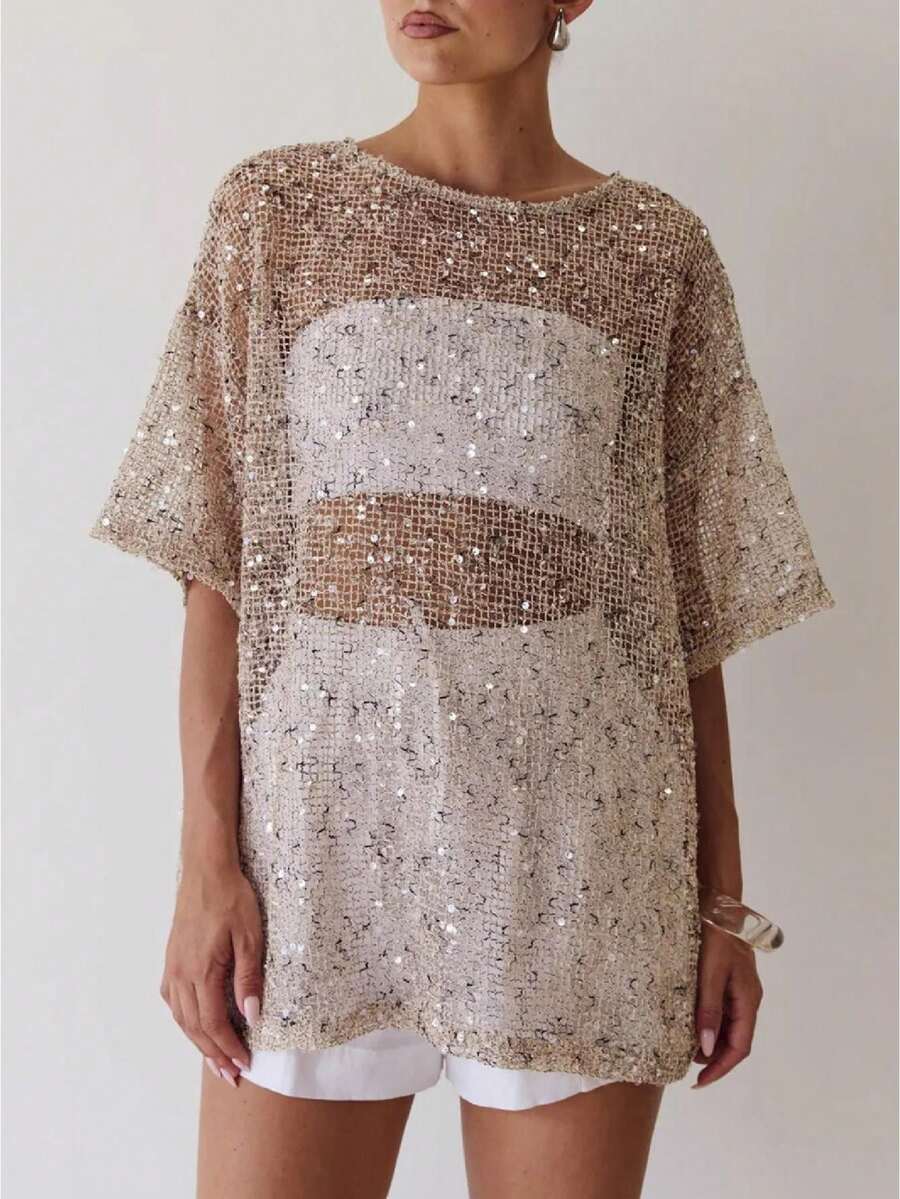 Women Sequin Sheer Short Sleeve Glitter T Shirt Sparkle See Through Crochet Cover Up Swimsuit Beach Shiny Mesh Blouse Top - 米色 - 查看 1