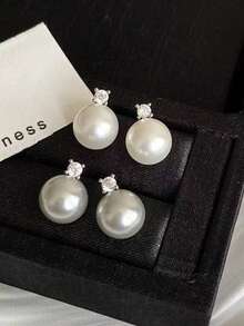 1 Pair Handmade Pearl Earrings, Button Pearl Earrings, Bridal Wedding, Birthday Gift For Women - Silver - View 4