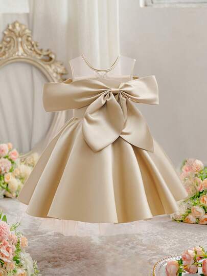EHOMKIDS Girls' Satin Princess Dress, High-End Fashionable Champagne Color Knee-Length Birthday Party Dress For Toddlers