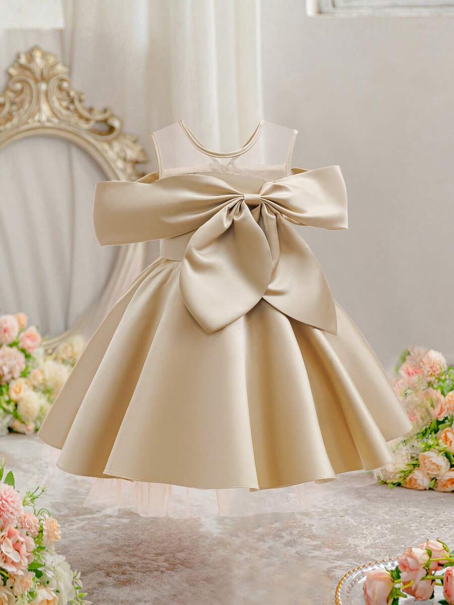 EHOMKIDS Girls' Satin Princess Dress, High-End Fashionable Champagne Color Knee-Length Birthday Party Dress For Toddlers