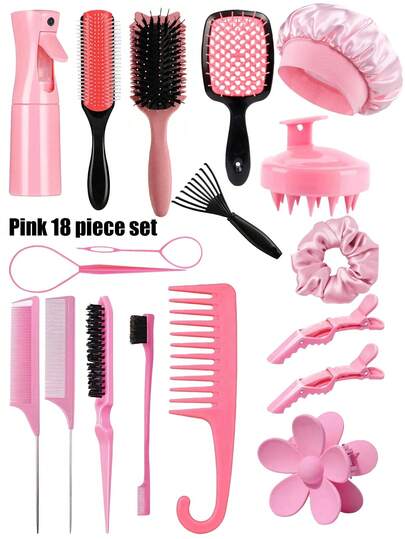 18 Piece Hair Styling Tools - Curling Brush, Hair Dryer Brush, Household Styling Comb, Air Cushion Brush, Spray Bottle, Massage Comb, Hairpin And Tie, Straight Hair And Curly Hair Care Products, 1/13 Piece Hair Brush Set, Sleeping Cap, Curling Comb Set, Nine Row Comb, Wide Tooth Hook Comb, Double Hair Comb, Pointed Tail Comb, Mouse Tail Comb, Edge Comb, Hair Brush