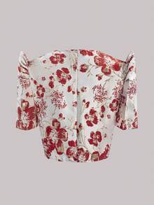 女士时尚提花泡泡袖短袖外套，红色圣诞派对提花上衣婚礼度假春季 - 紅色 - 查看 2