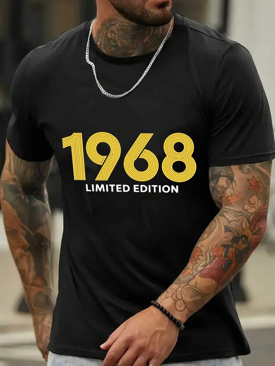 Camiseta Gráfica de Edición Limitada para Hombre 1968 - Mezcla de Algodón. Tejido Micro-Stretch. Corte Regular. Camiseta casual de verano con estampado amarillo llamativo. Transpirable; Cómodo para vestimenta informal. Camiseta Transpirable con Estampado Atrevido, Tejido Microelástico - Negro - Ver 1