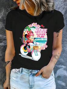 T-shirt à manches courtes Minnie Mouse sous licence Disney (1 pièce), col rond, matière extensible et facile d'entretien, idéal au quotidien, à la mode et décontracté. - Noir - Voir 3