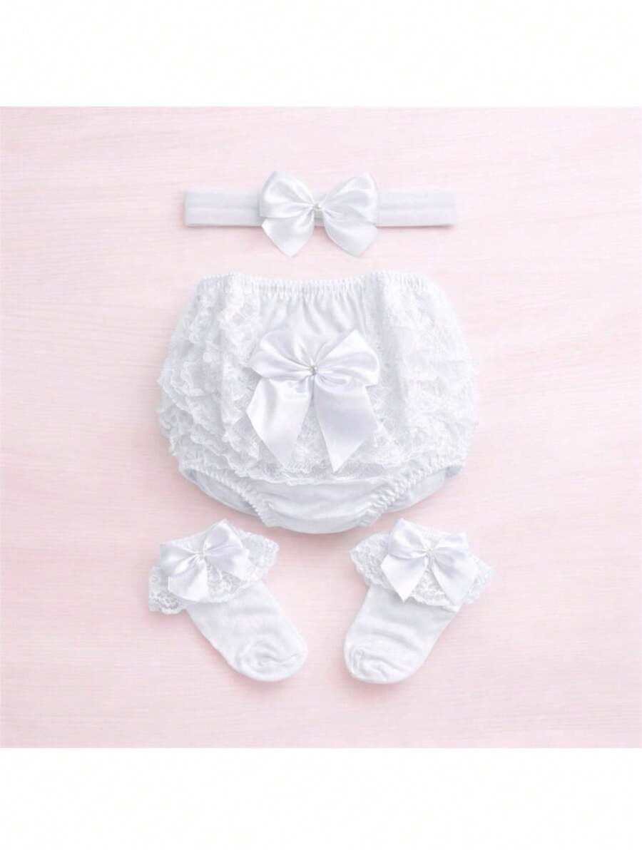 White Baptism Panty Set For Baby With Satin Bow And Half Band, Ruffled Lace Panty - P - 1 to 2 Years - View 1