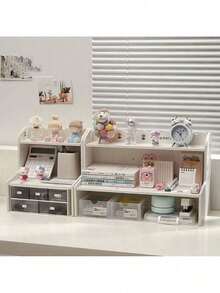 1pc Vintage Wooden Desktop Storage Rack/Display Shelf - Dual-Layer Storage Rack, Multifunctional Foldable Design, Suitable For Home Decor, Multi-Layer Desktop Storage, Office Flower Rack, Home Storage & Display Of Bracelets,Wooden Flower Stand, Earrings, Office Accessories, Plant & Spice Display - Wooden Surface, Trapezoid Design, Space-Saving, Easy Assembly - 查看 1