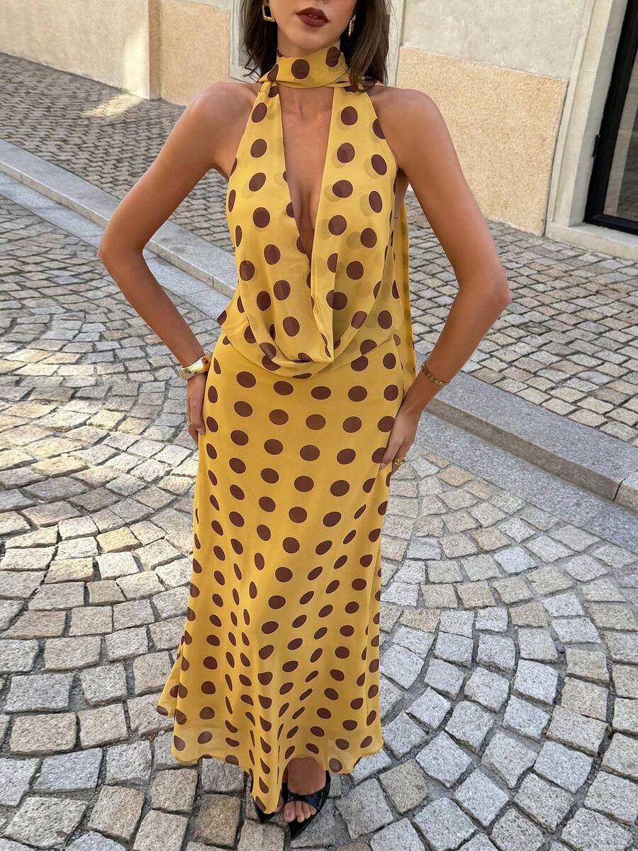 Women's V-Neck Long Tie-Waist Polka Dot Sexy Slip Dress, Suitable For Vacation, Party, Gala, Christmas, Thanksgiving And Other Occasions - Yellow - View 1