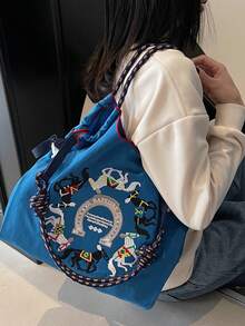 网红同款刺绣抽绳手提袋，游乐园设计，学生/通勤包 - 藍色 - 查看 4