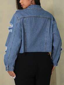 Chamarra de mezclilla para dama, ropa vaquera mujer talla grande corta ancha azul, lavado clásico con roturas, versátil y casual, Chamarra de Mezclera Corta para Mujer, Talla Grande, Diseño Desgastado con Bolsillos, Estilo Casual Diario - Azul - Ver 4