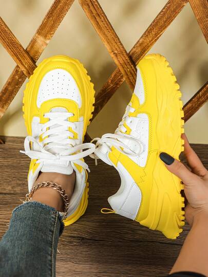 Fashionable Women's Sneakers, Thick-Soled Height-Increasing Outdoor Hiking And Walking Shoes, White And Yellow Color Block, Versatile For Daily Wear, Commuting, Travel, And Vacation, Suitable For Both Men And Women, Retro Youthful College-Style Chunky Sneakers