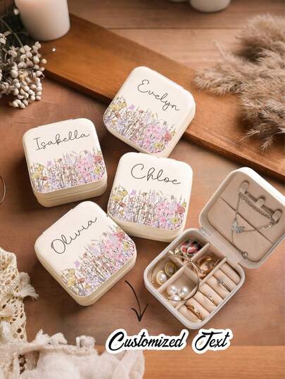 Personalized Elegant Floral Jewelry Box, Customized Beige Name Jewelry Box, Bridesmaid Jewelry Box, Travel Jewelry Case, Gift For Women, Couples, Bridesmaid, Proposal, Birthday, Jewelry