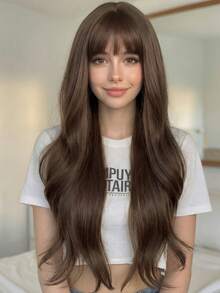 28 Inch Brown Wavy Wig For Women - With Bangs, Side Part, Adjustable Cap And Snug Fit | High Quality Synthetic Material, Long Hair Style - Camel - View 6
