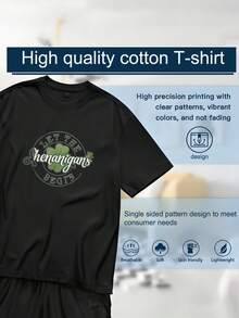 Men's T-Shirt, Women's T-Shirt,  St Patrick's Day Themed Designs Featuring,  Let The Shenanigans Begin With A Green Clover In The Center Of A Circular Design On A Black T Shirt Comfortable And Versatile Outdoor Casual Short Sleeve - Negro - Ver 6