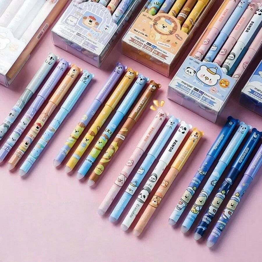 1/2/4支装（随机款式）动物造型可擦笔套装，多种动物图案，适合学生返校礼物，舒缓压力软胶玩具，可爱按压式圆珠笔，时尚外观，耐用防漏设计，必备文具 - 套裝 - 查看 1