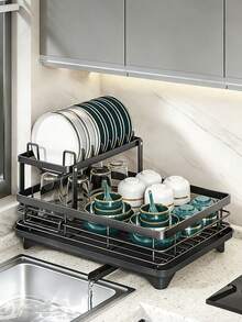 Heavy Duty Carbon Steel Kitchen Countertop Dish Drying Rack With Drain Pipe, High Capacity For Plates, Bowls, Cups & Cutting Boards, Moisture-Proof And Rust-Resistant, Keeps Kitchen Counter Tidy - Multicolor - View 2