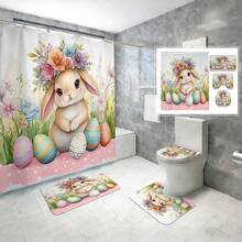 1/3/4PCS Floral Hat Bunny Easter Egg Polka Dot Bathroom Set (4 Pieces) Home Decor, Bathroom Curtain, Bathroom Set, Including Shower Curtain And Shower Curtain Set. This Decorative Bathroom Set Includes A Shower Curtain, U-Shaped Toilet Seat Cover, Non-Slip Mat, Toilet Seat Cover, And 12 Shower Curtain Hooks. Suitable As A Housewarming Gift, Birthday Gift, Holiday Gift, Or A Gift Between Boyfriends/Girlfriends. - Multicolor - View 3