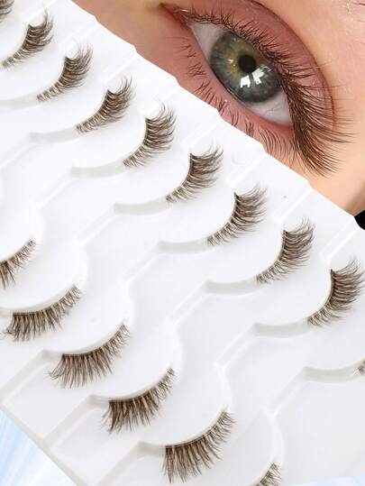 10 Pairs Brown Fluffy Curly Eyelashes, Natural Thick Faux Mink Lashes, Lightweight & Comfortable One-Piece Eyelash Extensions For Beginners