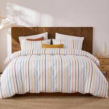 Rainbow Striped Duvet Cover Set Queen Size, 100% Cotton Bedding Set With Zipper Closure & 8 Corner Ties, Luxury Linen Like Bedding, Soft Breathable Comforter Cover For All Seasons - 彩色 - 查看 1
