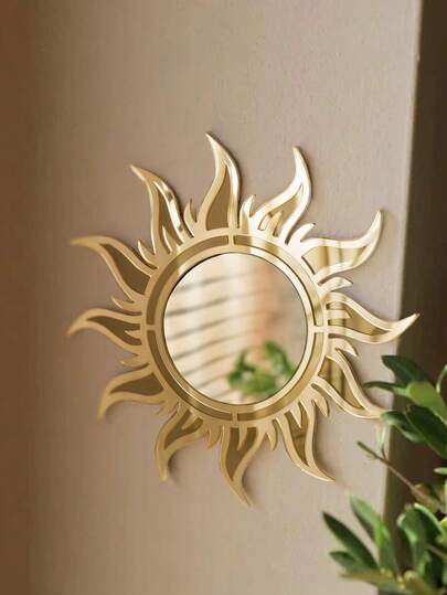 1pc Sun-Shaped Decorative Round Vanity Mirror, Bohemian Style, Nordic Modern Farmhouse, Gold Sunburst Frame Wall Mirror, Boho Home Decor, Suitable For Living Room, Bedroom, Entryway, Bathroom, Hallway, Apartment, Dorm, Interior Design Background, Studio Display, Creative Gift