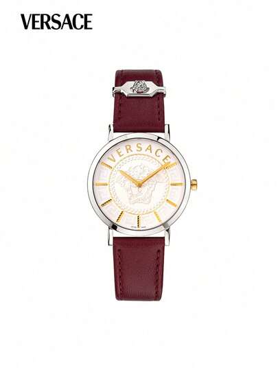 Versace V-Essential Luxury Gift Burgundy Leather Strap Watch For Women 36mm Daily Casual Wear