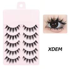 5 Pairs Curled & Fluffy False Eyelashes, Cat Eye Natural Cartoon Style Eyelashes, Elongated Winged Lashes - Black - View 2