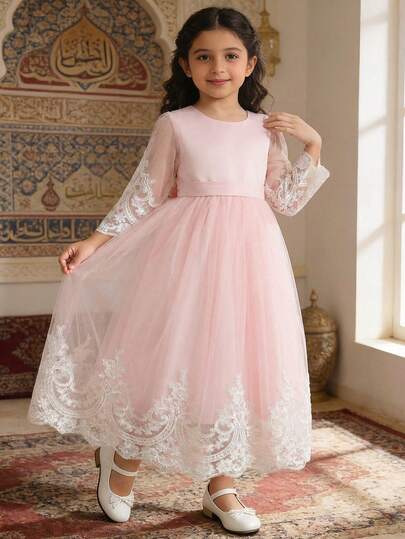 Blue Lace Long Sleeves Special Occasion Baby Birthday Dress, Flower Girl Wedding Guest Wear,Prom First Communion Gown, Pageant Toddler Dress