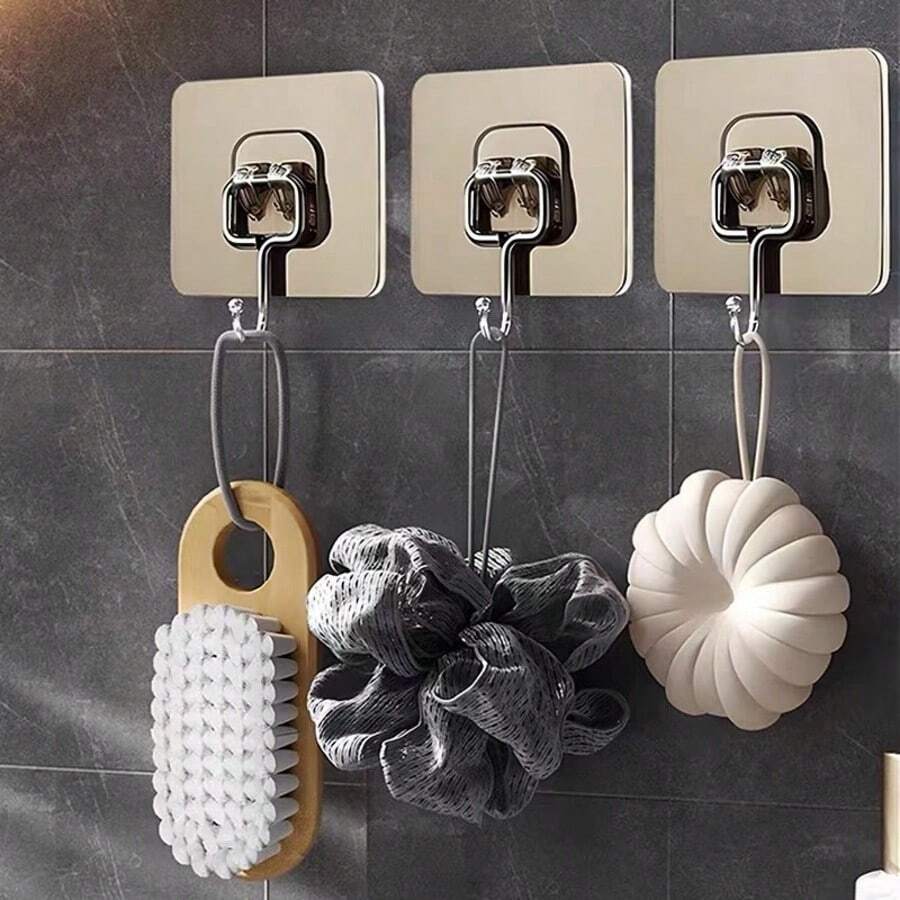 5/10pcs Stainless Steel Brush Finish Reusable Adhesive Hooks, No Drilling Required For Bathroom Kitchen Towel Hanger, Waterproof & Oil-Proof, Seamless Design - Multicolor - View 1