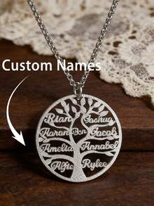 Colar Personalizado com Árvore da Vida, Pingente Personalizado da Árvore da Vida com Areia Brilhante 2-9 Nomes, Colar Personalizado com Pingente de Aço Inoxidável Prateado ou Dourado com Nome Personalizado de Membro da Família, Joia Personalizada, Aniversário, Festa, Presente Familiar - Areia Prensada de Prata - Visão 2