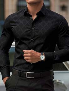 男士正装休闲通勤菱形图案长袖衬衫，适合秋季 - 黑色 - 查看 2