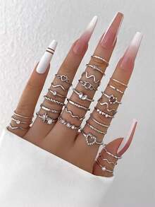 28pcs Fashion Ring Set, Silver Minimalist Rhinestone Heart, Wave And Geometric Pattern Stackable Rings, Suitable For Daily Wear, Party, Music Festival And Office Attire - Silver - View 1