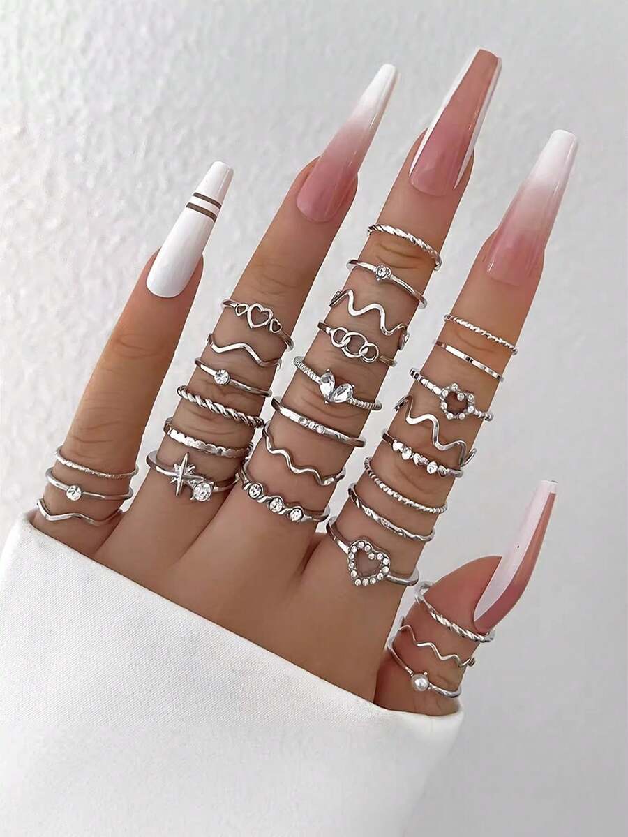 28pcs Fashion Ring Set, Silver Minimalist Rhinestone Heart, Wave And Geometric Pattern Stackable Rings, Suitable For Daily Wear, Party, Music Festival And Office Attire - Silver - View 1