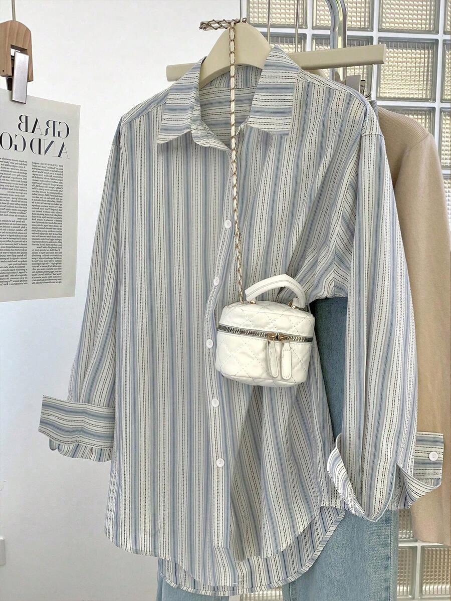 女士秋冬新款条纹衬衫，常规版型，百搭颜色，纽扣前襟，宽松衬衫领，舒适休闲，通勤穿着，适合日常休闲穿着，秋冬百搭打底衫 - 彩色 - 查看 1