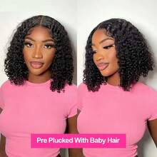 Curly Human Hair Wig With Bangs 13x4 Lace Short Water Wave Curly Glueless Wigs Layered Bob Wig Human Hair 250% Density Ready To Wear Wigs Glueless Human Hair For Women (12 Inch 1B Black) - Natural Black - 查看 7